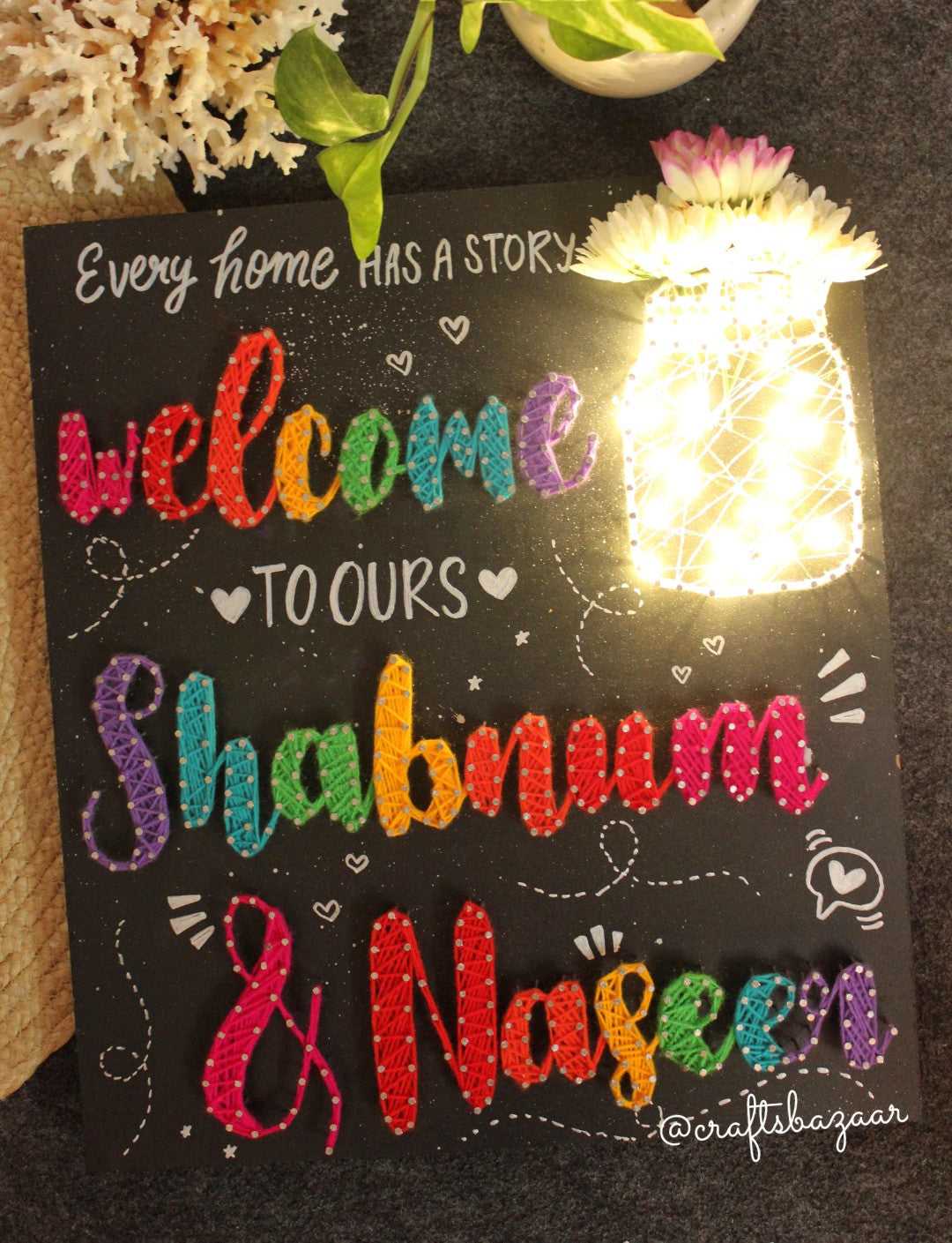 Colorful Home Decor String Art : Welcome Loved Ones with Light jar - Craftsbazaar