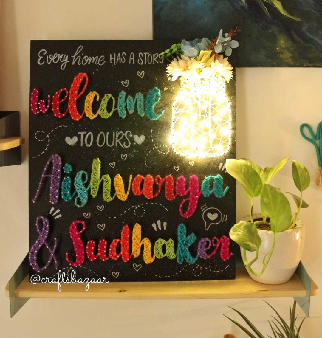 Colorful Home Decor String Art : Welcome Loved Ones with Light jar - Craftsbazaar