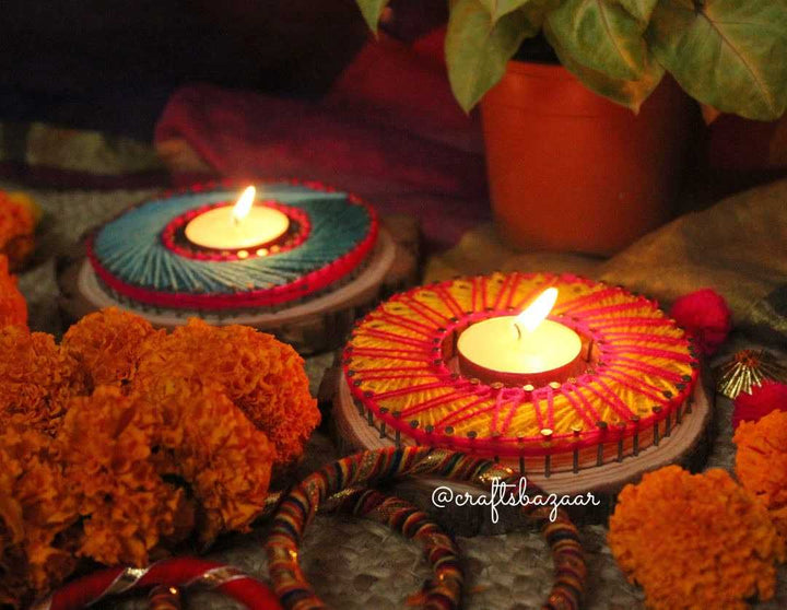 Colorful String Art Tealight Holder for Diwali - Craftsbazaar