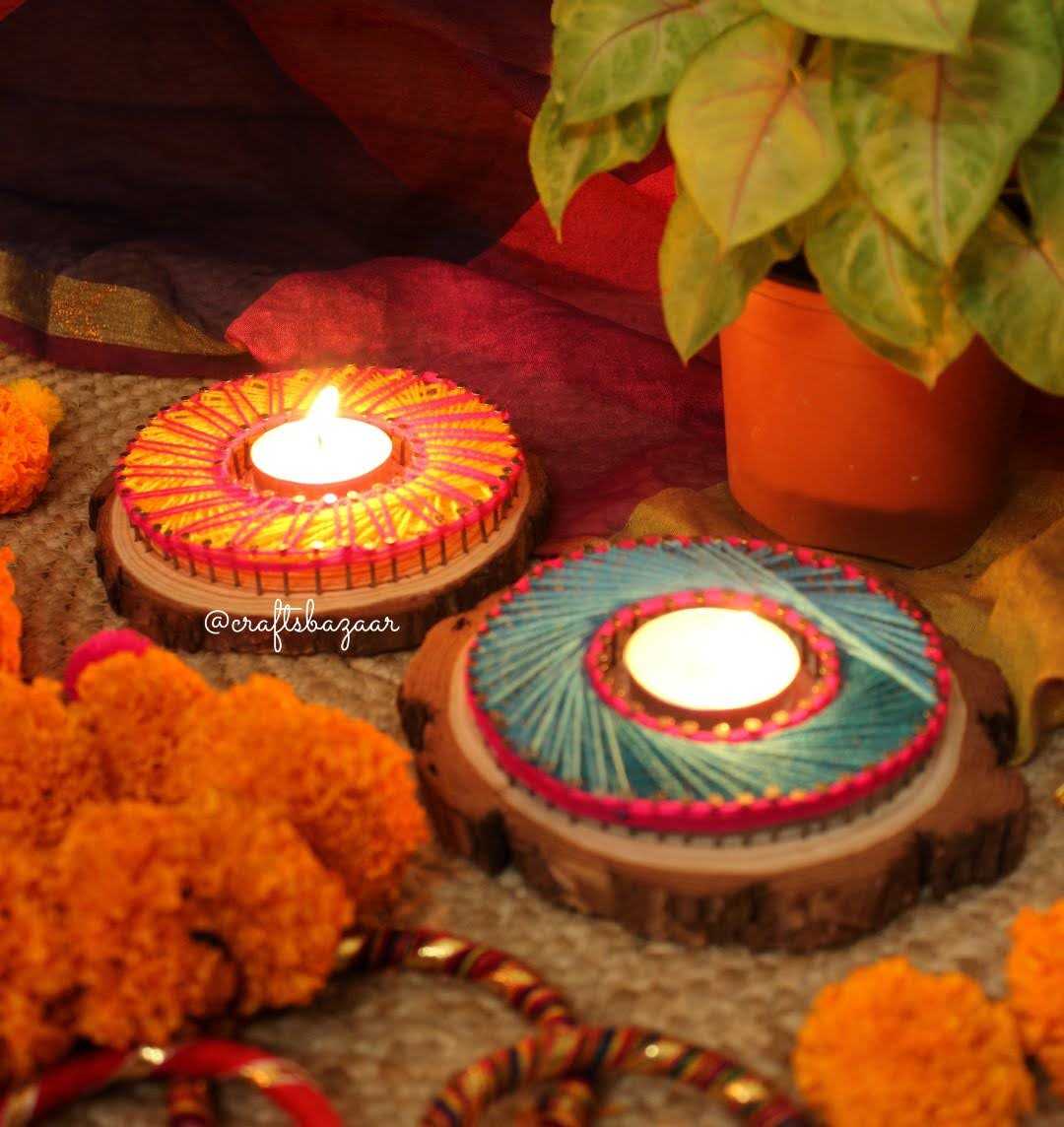 Colorful String Art Tealight Holder for Diwali - Craftsbazaar