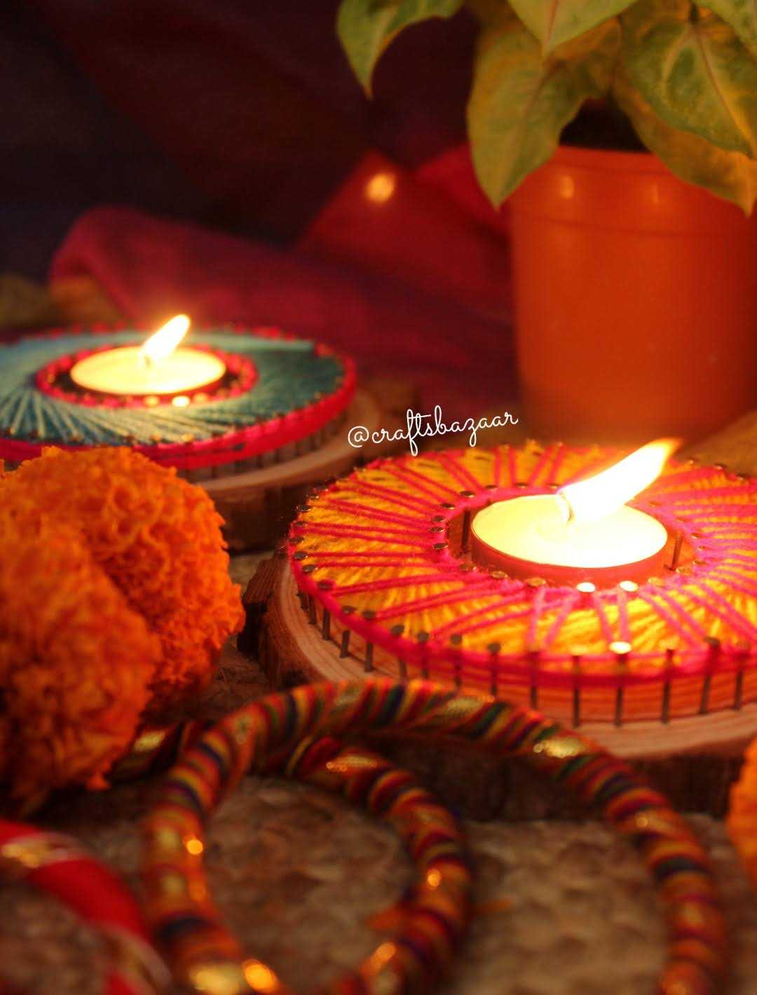 Colorful String Art Tealight Holder for Diwali - Craftsbazaar