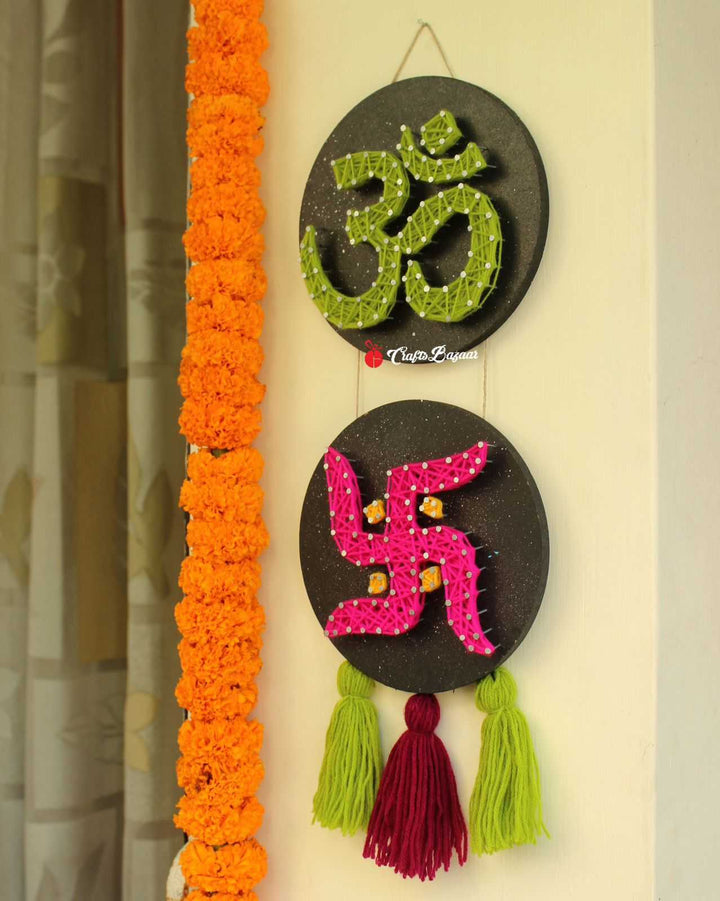 Divine Om & Swatik Hanger String Art - Craftsbazaar- green red