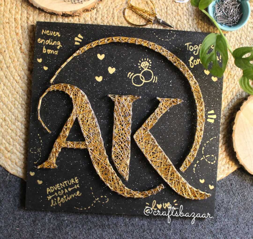 Golden Touch- Personalised Initials letter String Art Wall Décor - Craftsbazaar