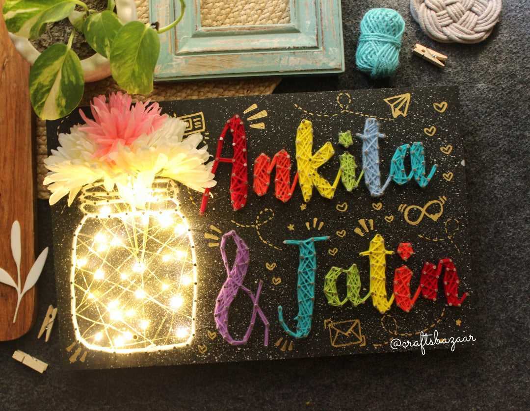 Personalised Couple Name String Art With Light Jar - Craftsbazaar