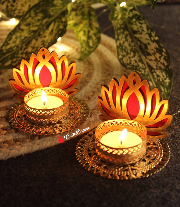 Red Lotus Tea Light Holder (Pack Of 2) - Craftsbazaar