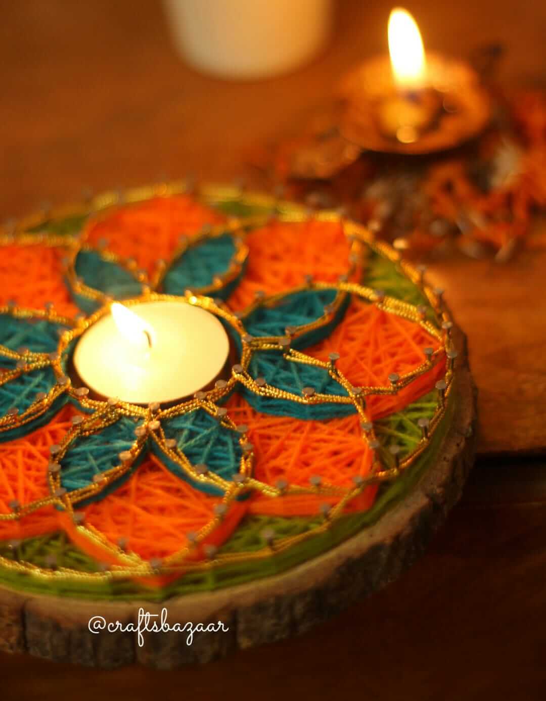 Round String Art Tealight Holder shade of Green Orange 6" Dia - Craftsbazaar