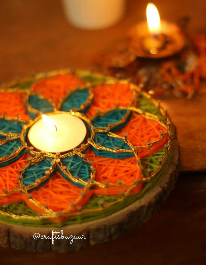 Round String Art Tealight Holder shade of Green Orange 6" Dia - Craftsbazaar