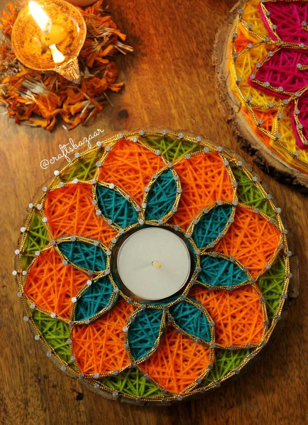 Round String Art Tealight Holder shade of Green Orange 6" Dia - Craftsbazaar