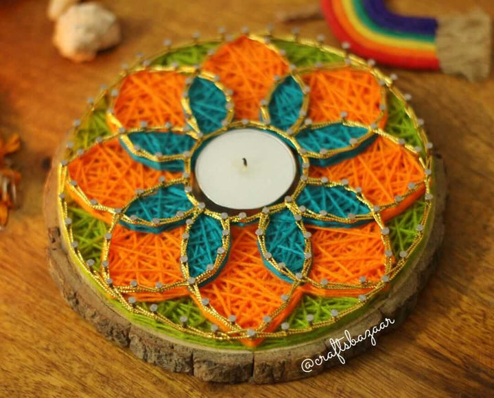 Round String Art Tealight Holder shade of Green Orange 6" Dia - Craftsbazaar