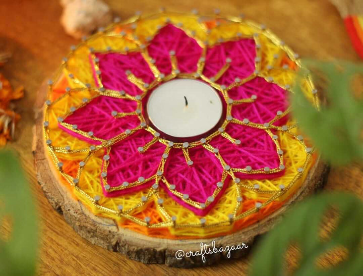 String Art Tealight Holder Pink Yellow shade Dias 6" Dia - Craftsbazaar