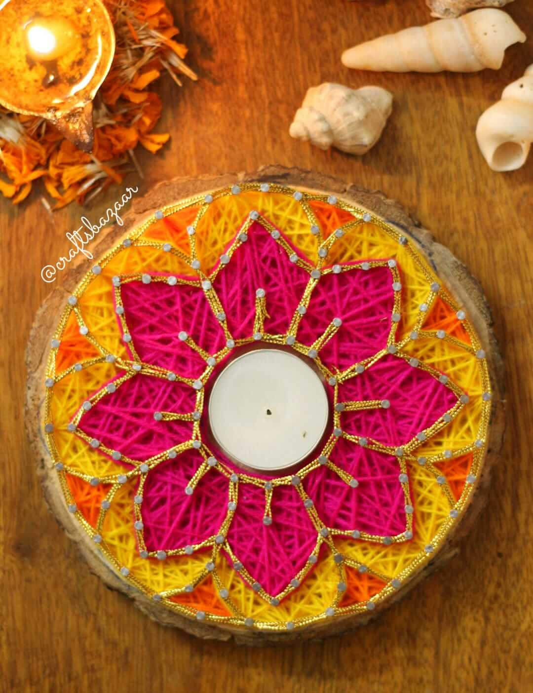 String Art Tealight Holder Pink Yellow shade Dias 6" Dia - Craftsbazaar