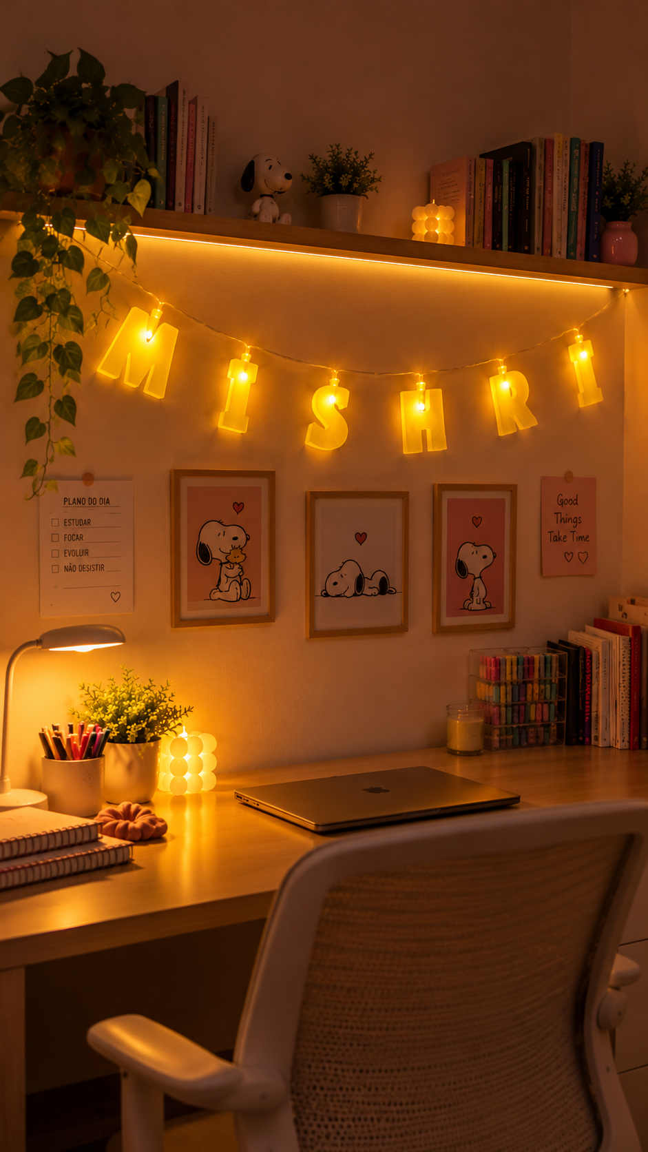 Personalised name letter lights spelling MISHRI glowing above a study desk