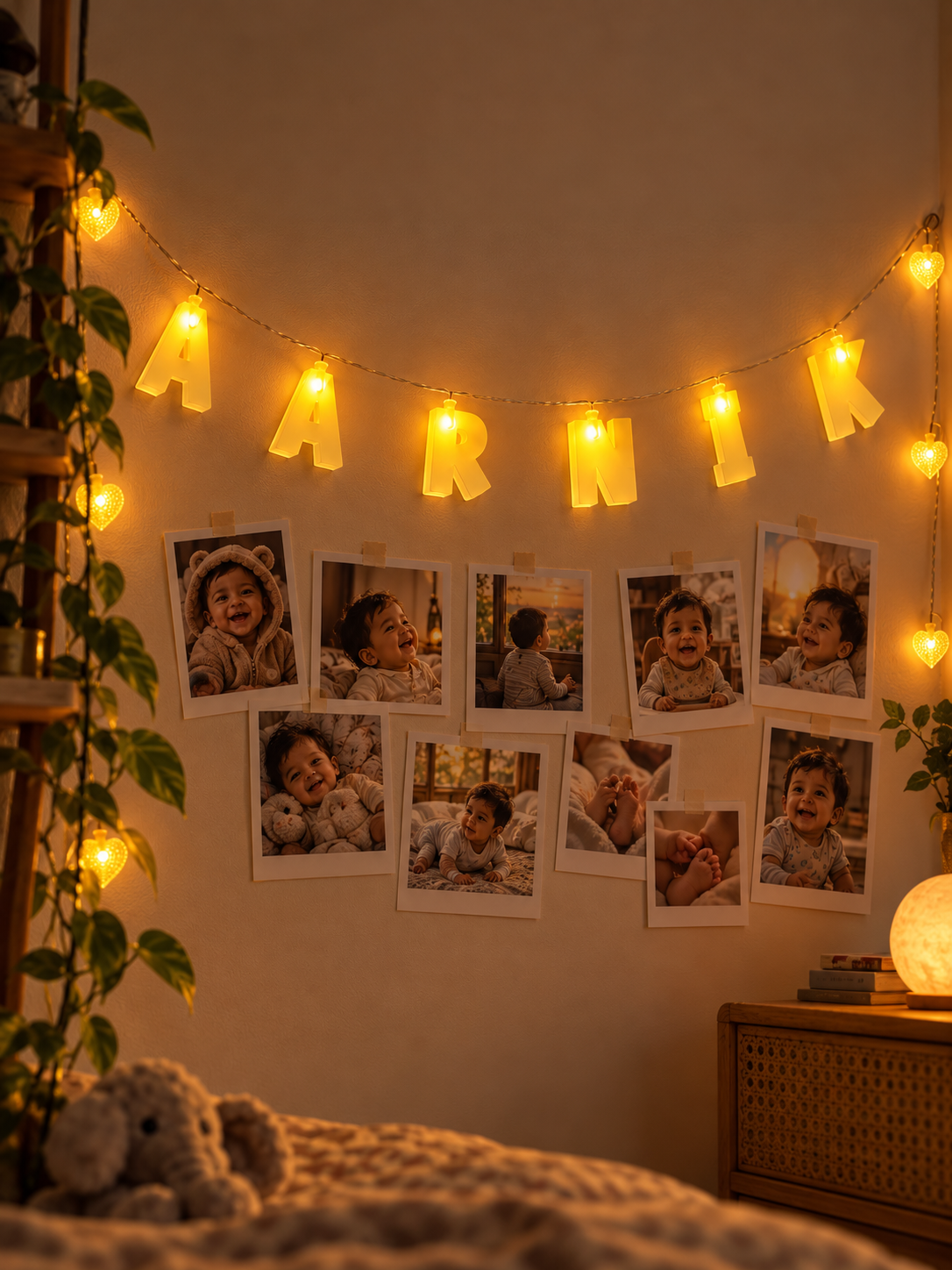 Personalised name letter lights spelling AARNIK glowing above baby photos in a nursery